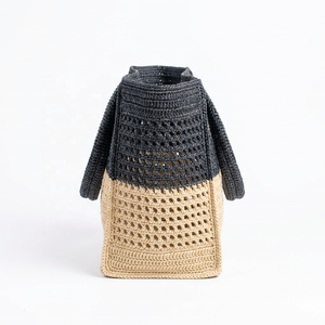 Crochet Raffia Durable Tote <b>Bag</b> <b>Women</b> Casual <b>Beach</b> Two Tone Black and Beige Hollow Out Open Top Large Capacity Parties - Product Image 4