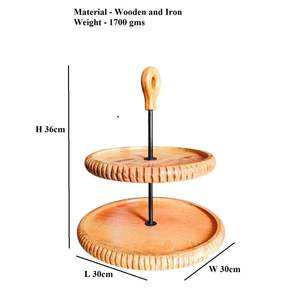 Bandeja de servicio de madera redonda rústica de 2 niveles con mango de metal resistente para cocina, fiestas, exhibición de postres y centro de mesa - Product Image 2