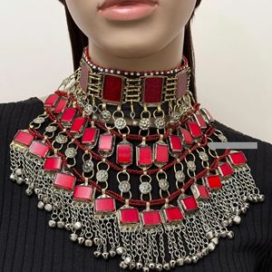 : Authentic Afghan Guluband Choker Necklace Featuring Deep Red Ruby <b>Glass</b> Stones Handcrafted Silver Metal <b>Chains</b> Traditional - Product Image 1