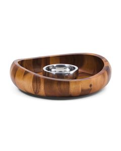 Plateau à croustilles et à trempette en bois de manguier avec bol en acier inoxydable Plateau de service rond en bois élégant pour collations et trempettes - Product Image 3