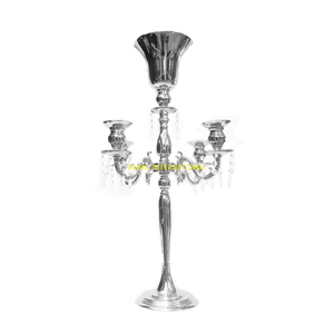 Candelabro de 5 brazos de plata de lujo con cuenco de flores y cuentas de cristal, centro de mesa de boda, candelabro de Metal para suelo - Product Image 4
