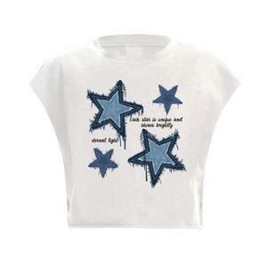 Custom Vintage Star Print Crop <b>Top</b> Women's shirt Soft Organic Cotton Casual Tee Unique Graphic T-Shirt with Patches Sleeveless - Product Image 1