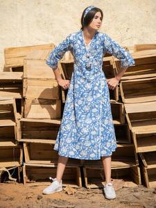 ผ้าฝ้ายสีฟ้าพิมพ์ลายดอกไม้ V คอชุดเดรสสําหรับผู้หญิงเซ็กซี่ฤดูร้อนชายหาดสวมใส่และชุดนอนสําหรับฤดูใบไม้ผลิและฤดูใบไม้ร่วง - Product Image 5