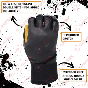 Gants de frappe de baseball en cuir noir et jaune à manchette longue, ajustables et confortables, respirants, softball et gants de baseball - Product Image 3