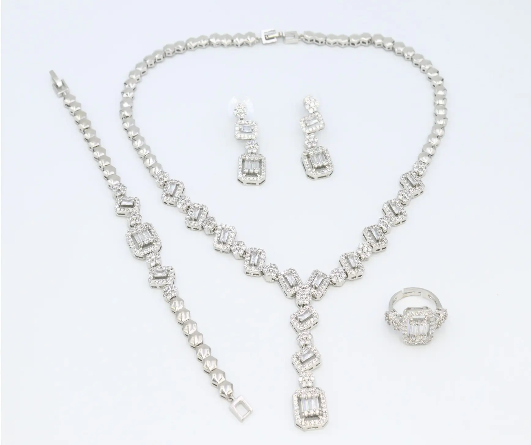 Conjunto de joias banhadas rodio zircônia cúbica, kit de jóias para noiva, anéis, pulseiras, pingente para casamento, colar feminino