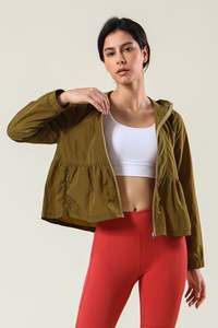 Sudadera con capucha fruncida con cremallera completa y protección UV para mujer de color caqui oscuro superventas - Product Image 4