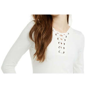 Top a Costine con Lacci Rosa per Ragazze, Maglia da Donna in Taglia L Bianca - Product Image 2