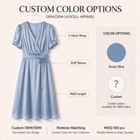 Robe en Lyocell Bleue à Col en V pour Femme, Nouveau Style, Coupe Ajustée et Fluide avec Ceinture à Nouer, Vente en Gros Usine, Marque Privée Disponible