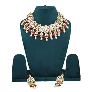 Ensemble de collier vintage de luxe plaqué or Meenakari Kundan avec perles blanches et diamants pour mariage ou cadeau, bijoux de mariée raffinés - Product Image 2