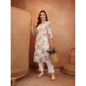 Kurta Tradicional de Algodón con Estampado Floral para Mujer, Sin Arrugas, con Trabajo de Hilo, Suave, para Comodidad y Elegancia Diarias - Product Image 1