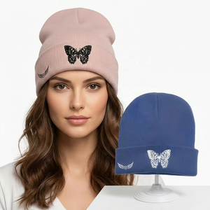 Butterfly Embroidery Knit Beanie Hat Unisex Adult Cuffed Warm <b>Winter</b> <b>Cap</b> Casual Style - Product Image 4