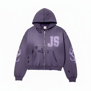 เสื้อมีฮู้ดซิปขนแกะ GSM 380พรีเมี่ยมเสื้อมีฮู้ดสีม่วงโลโก้กำมะหยี่แบบกำหนดเองเสื้อมีฮู้ดแบบมีซิป - Product Image 3