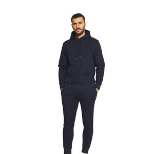 Custom Logo Outerwear Men's Navy Hooded Sweatshirt <b>Set</b> Casual <b>Knitted</b> Tracksuit Winter 100% Cotton Breathable - Product Image 2