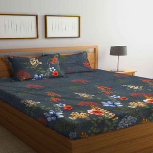 Grey and Green Floral 210TC Pure Cotton <b>Queen</b> Sized <b>Bed</b> <b>Sheets</b> with Pillow Covers Checked Easy Wash bedspreads for Light Winters - Product Image 1