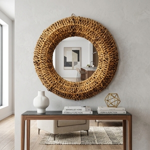 Miroir mural rond en écorce de banane naturelle, cadre tressé épais, miroir de vanité suspendu, décoration artistique pure, décoration de chambre, artisanat bohème, fabrication artisanale - Product Image 4