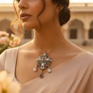 Vintage Style Silver Emerald Ruby <b>Pendant</b> with Quartz and <b>Amethyst</b> Handmade Religious Gold Jewelry for Women - Product Image 1