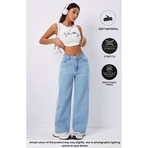 Jean en denim baggy vintage bleu glace de luxe pour femme, taille haute, extensible doux, écologique, durable, tendance, décontracté, en tissu plaqué, toutes tailles - Product Image 5