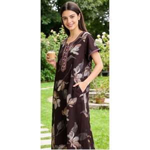 Camisón Largo Estampado Cómodo para Mujer, Marca Alpine, Tejido de Tela, Mangas Cortas, Largo Completo, con Bolsillo Lateral, Talla XL, para Uso Doméstico - Product Image 3