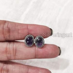 Boucles d'oreilles clous pour femmes, pierre précieuse améthyste naturelle, boucles d'oreilles clous bohèmes de Noël, bijoux faits à la main, boucles d'oreilles clous en argent sterling 925 - Product Image 2