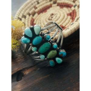 Mark Yazzie Fashion <b>Cuff</b> <b>Bracelet</b> Mixed Turquoise & Sterling <b>Silver</b> Cluster Design - Product Image 3