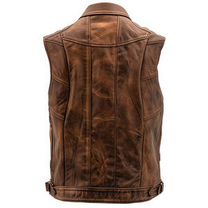 Chaleco de cuero puro desgastado marrón genuino hecho a mano cuello elegante botón único sólido invierno Slim-Fit Biker Racer - Product Image 2