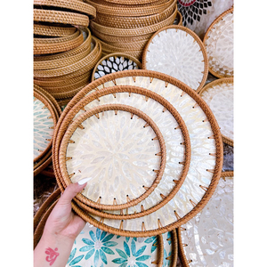 En cantidad a granel 2024 decoración bandeja de ratán mosaico tejido a mano redondo madre de perla bandeja de ratán con incrustaciones de Loto Azul Vietnam - Product Image 3