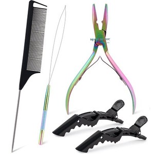 <b>Multi</b> Rainbow color Hair Extensions <b>Pliers</b> Kit with Case, Clips Needles Loop Threader Custom Logo Hair Extension <b>Tools</b> - Product Image 2