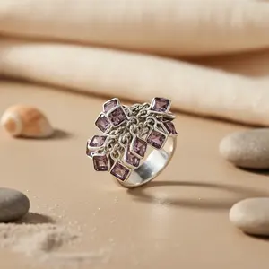 Cincin Boho Perak Sterling 925 untuk Wanita, Platinum dengan Batu Permata Amethyst yang Diasah, Perhiasan Mewah untuk Janji - Product Image 1