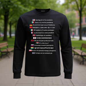 Maglietta a Maniche Lunghe con Scritta 'Scusa per il Nostro Presidente' in Tutte le Lingue per Scopi Promozionali - Product Image 3