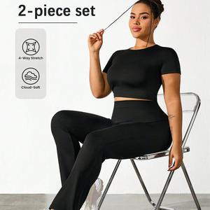 Conjunto de ropa deportiva de gimnasio de alta elasticidad personalizada para mujer, camiseta transpirable de manga corta, mallas, tela de costilla sólida, botón de encaje para correr - Product Image 4