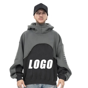 Sudadera con capucha de cuello alto de algodón pesado de alta calidad Panel de color de contraste Borde de corte de moda Dobladillo crudo para estampado de hojaldre Sin bolsillos Otoño - Product Image 3