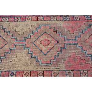 Turkish Traditional Eco Friendly <b>Runner</b> Rug 2.7x13.6 ft <b>Red</b> Blue Patchwork Wool with Latex Backing - Product Image 4