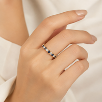 Bague d'éternité en saphir bleu et diamant de laboratoire, or jaune 10K, pierre ronde, alliance empilable, bijoux d'anniversaire