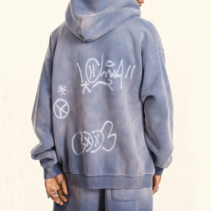 Chándal de dibujo a mano de algodón 100% a la moda para hombre, conjunto con capucha de peso pesado, función transpirable, cierre de cordón frontal para invierno - Product Image 6