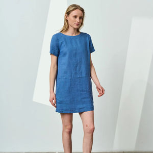 ชุดเดรสมินิสไตล์ Boho ชุดเดรสผ้าฝ้ายผ้าลินินคอกลมแขนสั้นสีทึบชุดเดรสทูนิคสำหรับวันหยุดมีกระเป๋า - Product Image 1