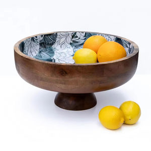 Decorative Enamel Printed Fruit Bowl for Kitchen <b>Counter</b> and Dining Bowl With Pedestal Base Wooden Salad Serving Bowl Artwork - Product Image 1
