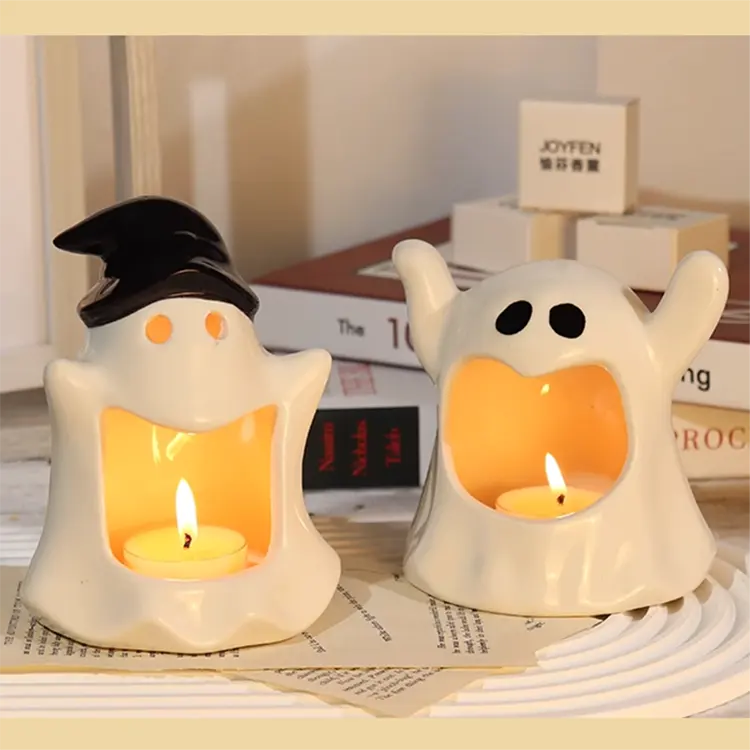 Vente en gros de décorations d'Halloween personnalisées Pot à bougie parfumé fantôme Porte-lampe de thé effrayant en céramique