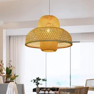 Toptan el yapımı Rattan hasır abajur dokuma tavan ışık oturma odası için Modern avize bambu abajur şapkası kapakları