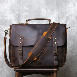 Classic Cowhide Leather Laptop Messenger Shoulder Bag Durable Office Use Zipper Closure Protective Portable - Product Image 1