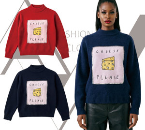 Pull en tricot pour <span class=keywords><strong>femme</strong></span> tendance avec motif personnalisé, imprimé dessin animé « Cheese Please », doux et chaud, bleu marine - Product Image 1