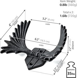 Ganchos de abrigo con astas de alce de hierro fundido negro Vintage estilo de granja resistente y rústico fácil de usar para abrigos y sombreros - Product Image 3