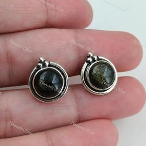 Boucles d'oreilles en obsidienne dorée, tiges en argent sterling 925, bijoux faits à la main - Product Image 4