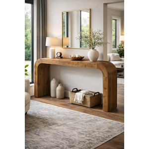 โต๊ะคอนโซลหรูหราทันสมัย 70.9 นิ้ว สไตล์ฟาร์มเฮาส์ ทำจากไม้โอ๊คแท้ สำหรับทางเข้าบ้าน ปรับเปลี่ยนรูปแบบได้ มุมโค้งมน พร้อมกระจกตกแต่ง - Product Image 3