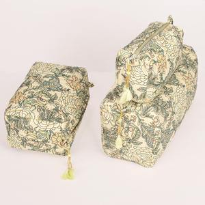 Matelassé écologique Vintage sac cosmétique ensemble 3 Floral pour pochette bloc impression maquillage organisateur étui de voyage glands vanité - Product Image 4