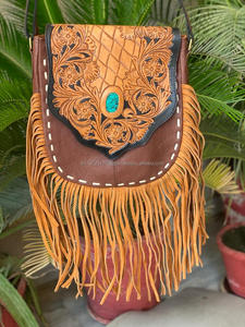 Bolso de mano de cuero tallado con flecos para mujer, bandolera cruzada con flecos - Product Image 4