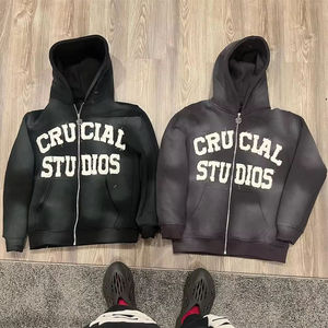 เสื้อฮู้ดแบบมีซิปสำหรับผู้ชายผ้าฟลีซ400gsm ฟอกสีแสงแดดซีดจาง - Product Image 2