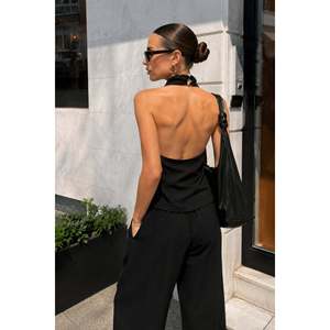 Ensemble deux pièces en lin avec détails Yaka Baglama - Blouse et pantalon - Marron - Marron - Product Image 3