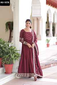 Indian and Pakistani Style Vichitra Silk with Rich Sequins Embroidered Work Anarkali Long Gowns with Lace Border Dupatta Set - Product Image 6