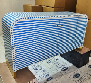 Nouveau design Fait à la main couleur bleue Bone Inlay Stripe motif avec deux armoires Buffet salon buffet décoratif de l'inde - Product Image 1