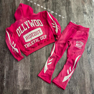 Conjunto de Sudadera con Capucha y Pantalones Acampanados de Algodón con Cremallera, Estampado Personalizado, Transpirable, de Alto Gramaje, con Lavado Ácido, para Mujer, Tallas Grandes, Venta al por Mayor - Product Image 2